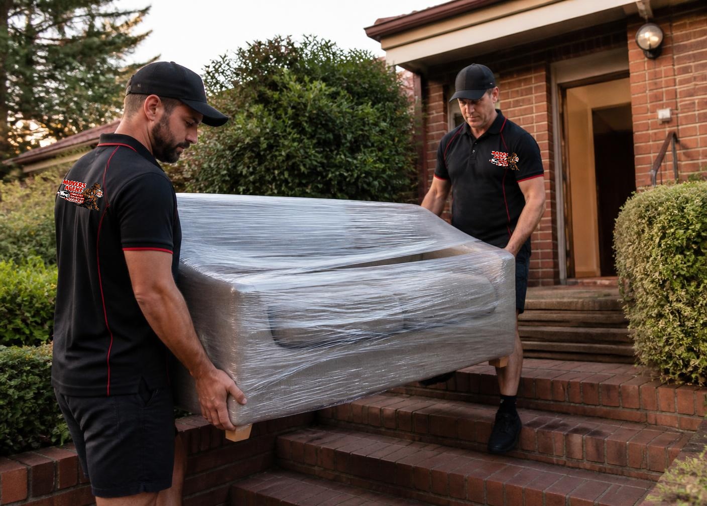Removal crew carefully moving a wrapped sofa