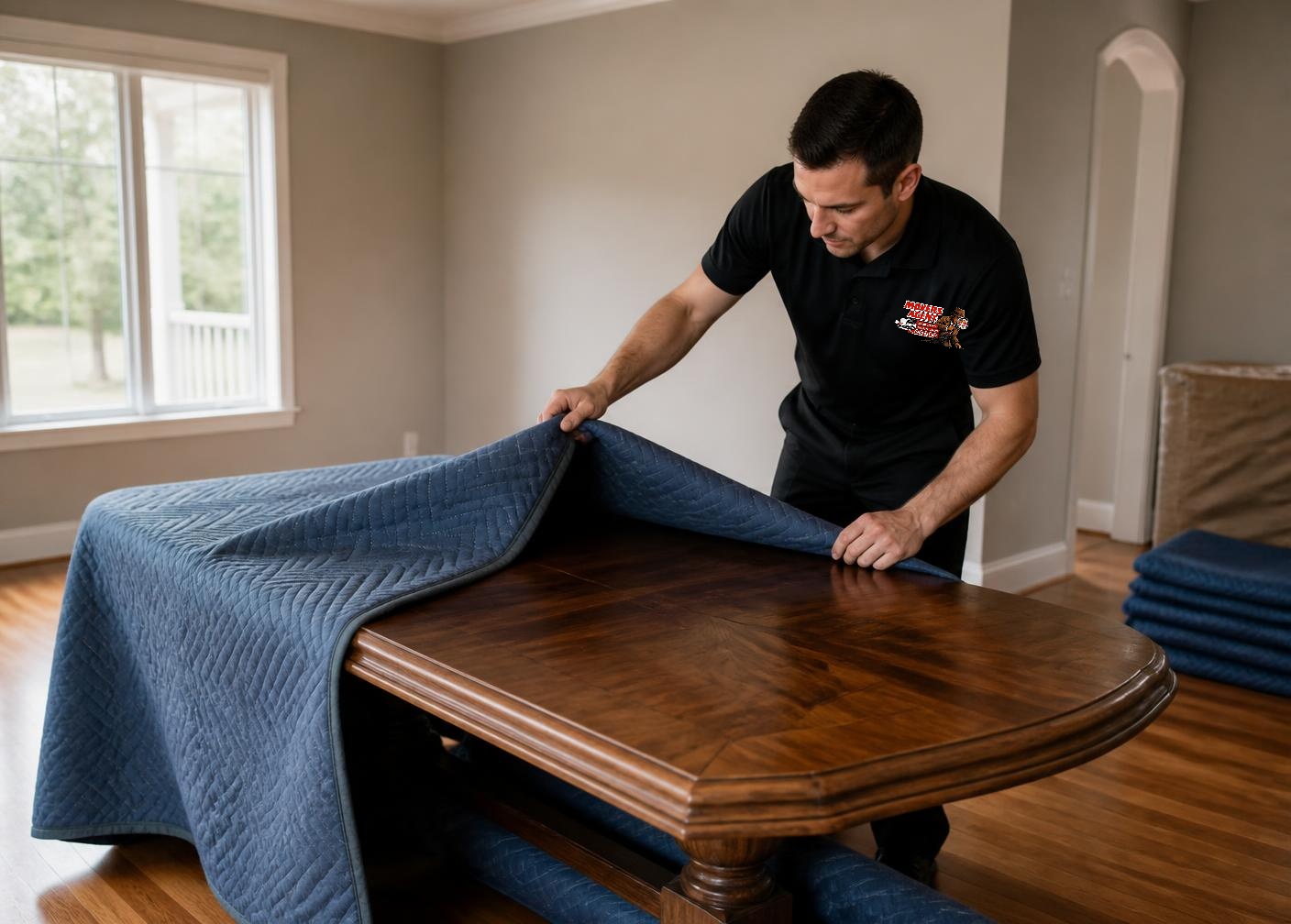 Uniformed removalist wrapping a wooden table in protective blankets